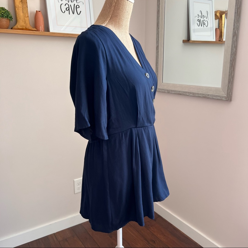 Navy Blue Button Surplice Open Back Romper - Picture 5 of 11